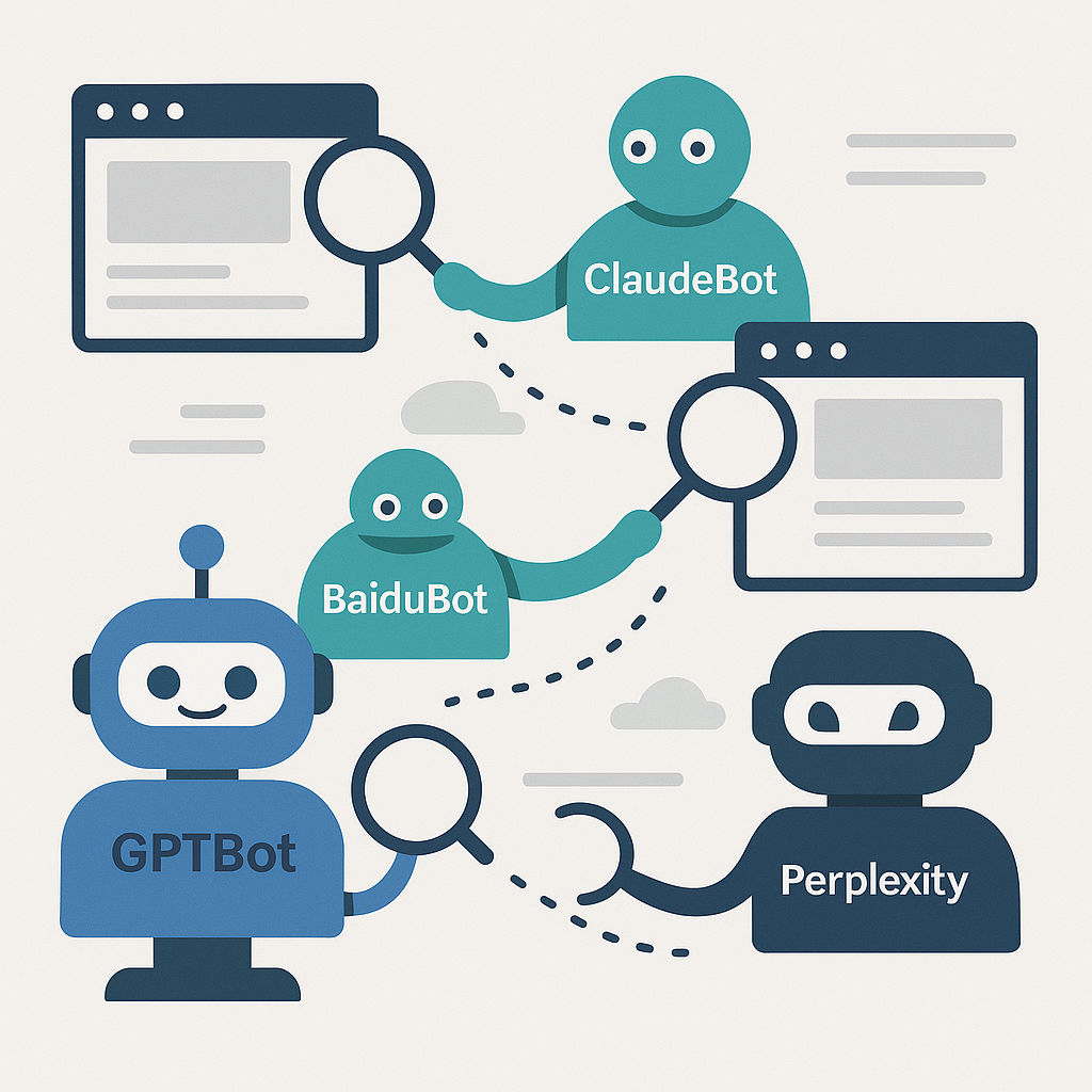 Illustration showing various AI crawlers like GPTBot and ClaudeBot scanning websites